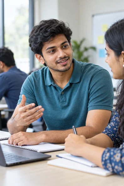 A career-ready young student explaining an idea