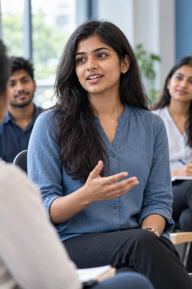 A confident young student speaking in a discussion
