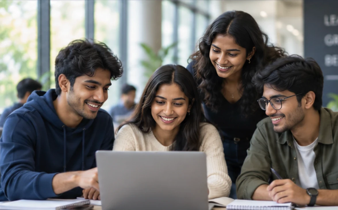 Students smiling as they work together around a laptop